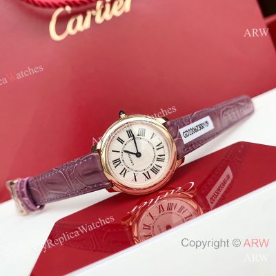High Quality Replica CARTIER Ronde Louis Dark Purple Imported American Crocodile Leather Strap White Face Dial Rose Gold 48 Real Diamonds Inlaid Case Watch 29*7.54mm